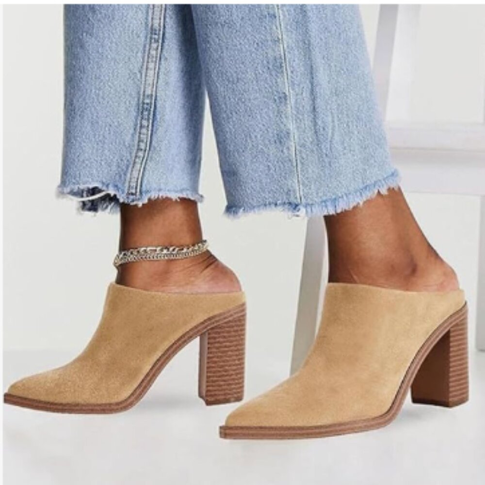 FOWT Camel Pointed Toe Slip On Mules Stacked Block High Heel Sandal Proms Shoes